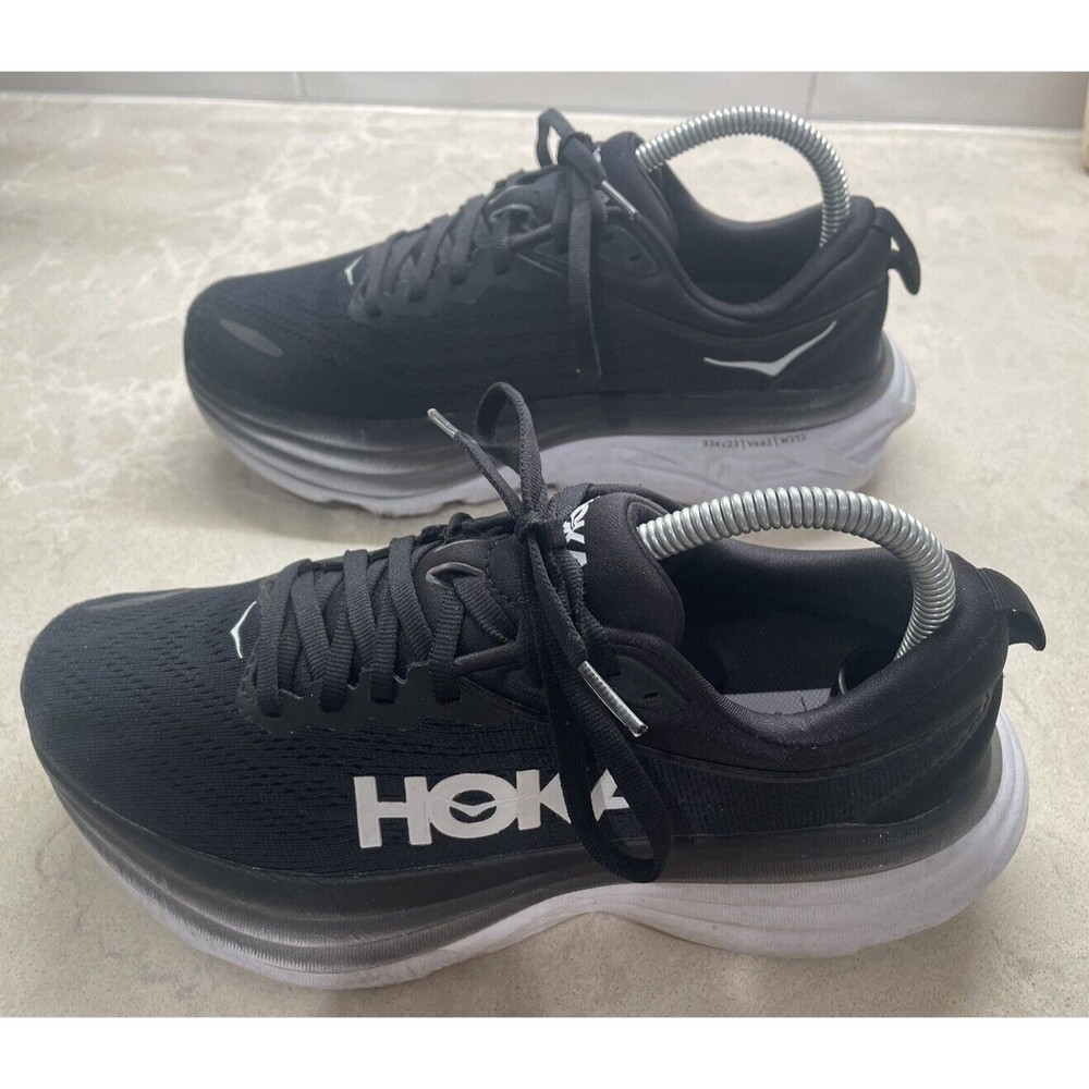 Hoka One One Womens BONDI 8 Black White Running Sneakers Sz 7.5B